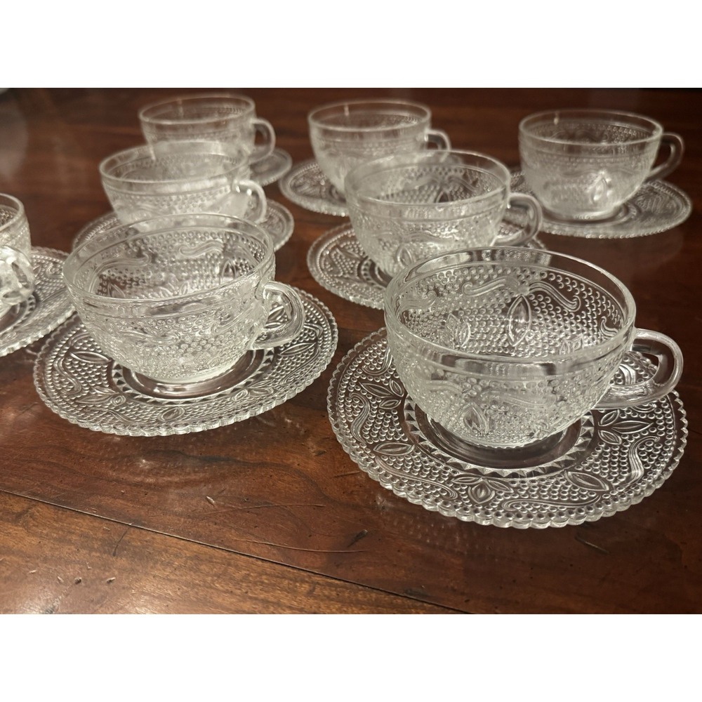 Set Of 8 Heritage Clear by Federal‎ Glass Cups & Saucers